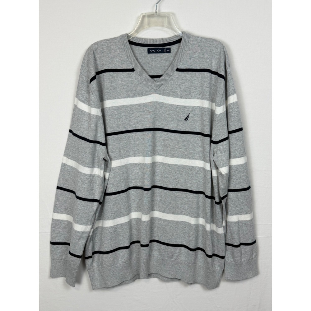 Nautica Men 100% Cotton Sweater XXL Grey Striped V-Neck Pullover Logo Knit